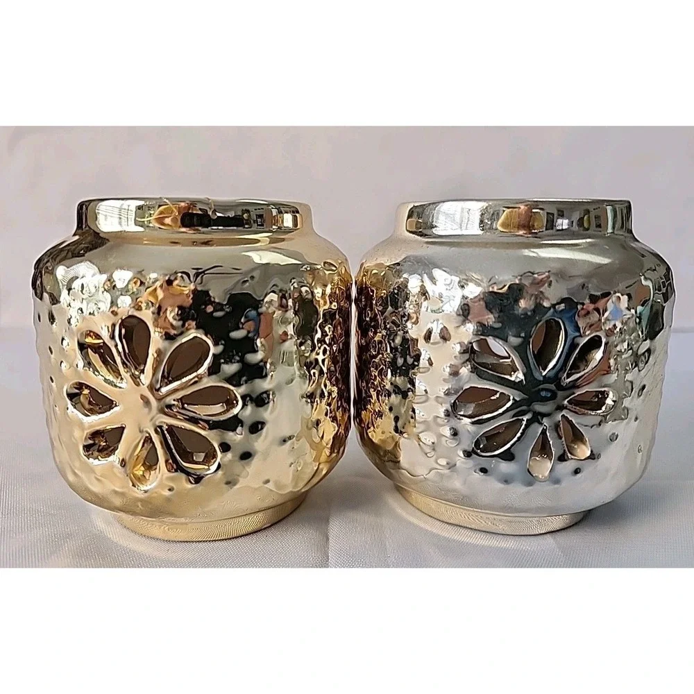 Lot 4 Votive/Tea Light Holders Hammered Gold Cut Out 2pc & Heavy Round Glass 2pc